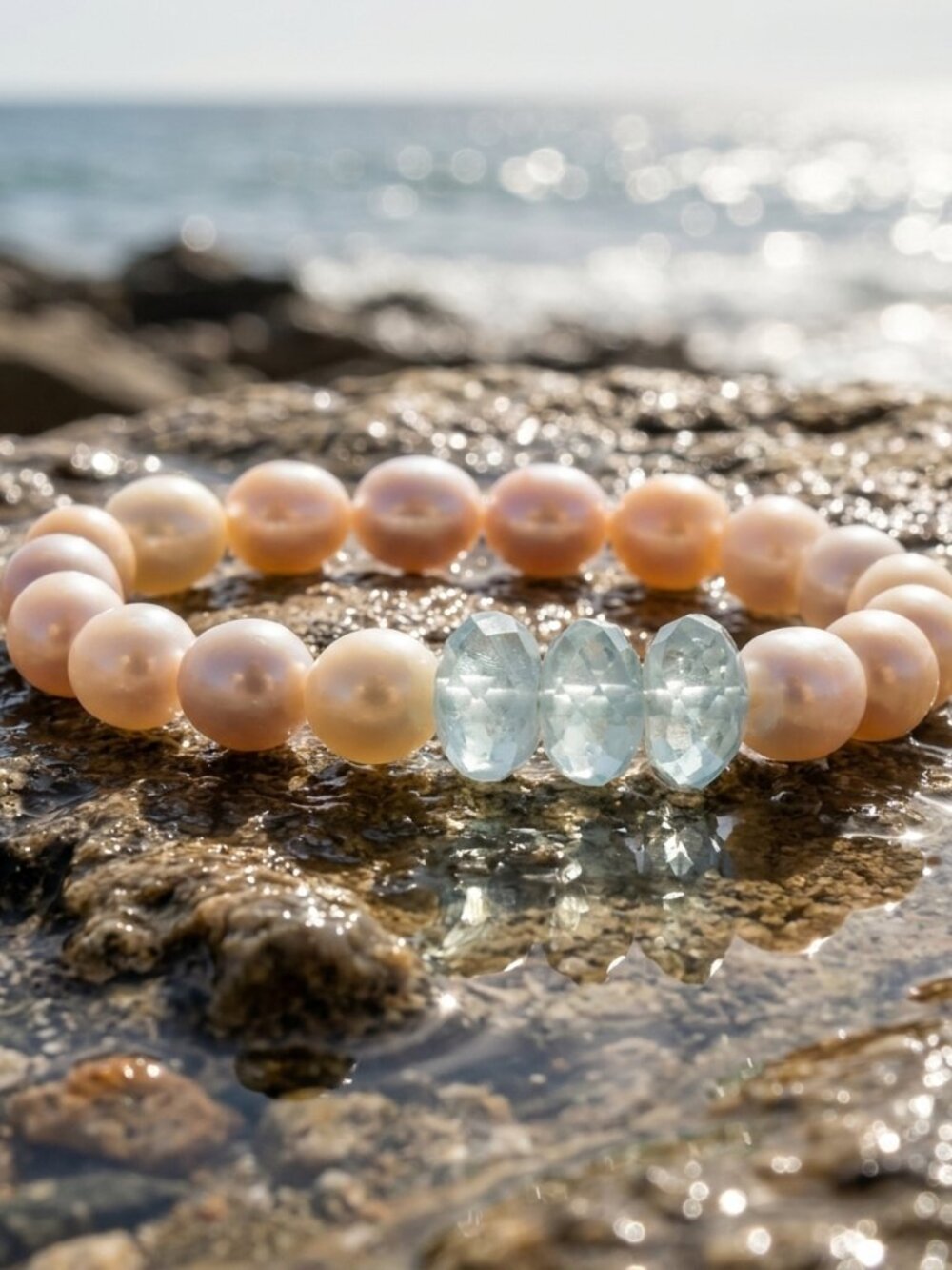 Pearl Bracelet w/Aquamarine, Gemstone Stretch Bracelet, Dainty Jewelry Gift